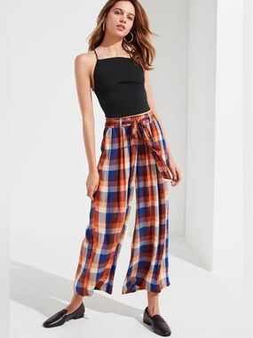 Urban Outfitters Orange and Blue Plaid Wide-Leg Pants with Tie Belt